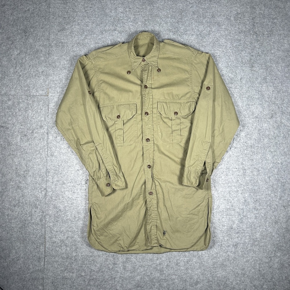 Vintage C.C.C. Ltd Button Down Shirt Mens 12 1/2 Khaki Military 1940s Wwii